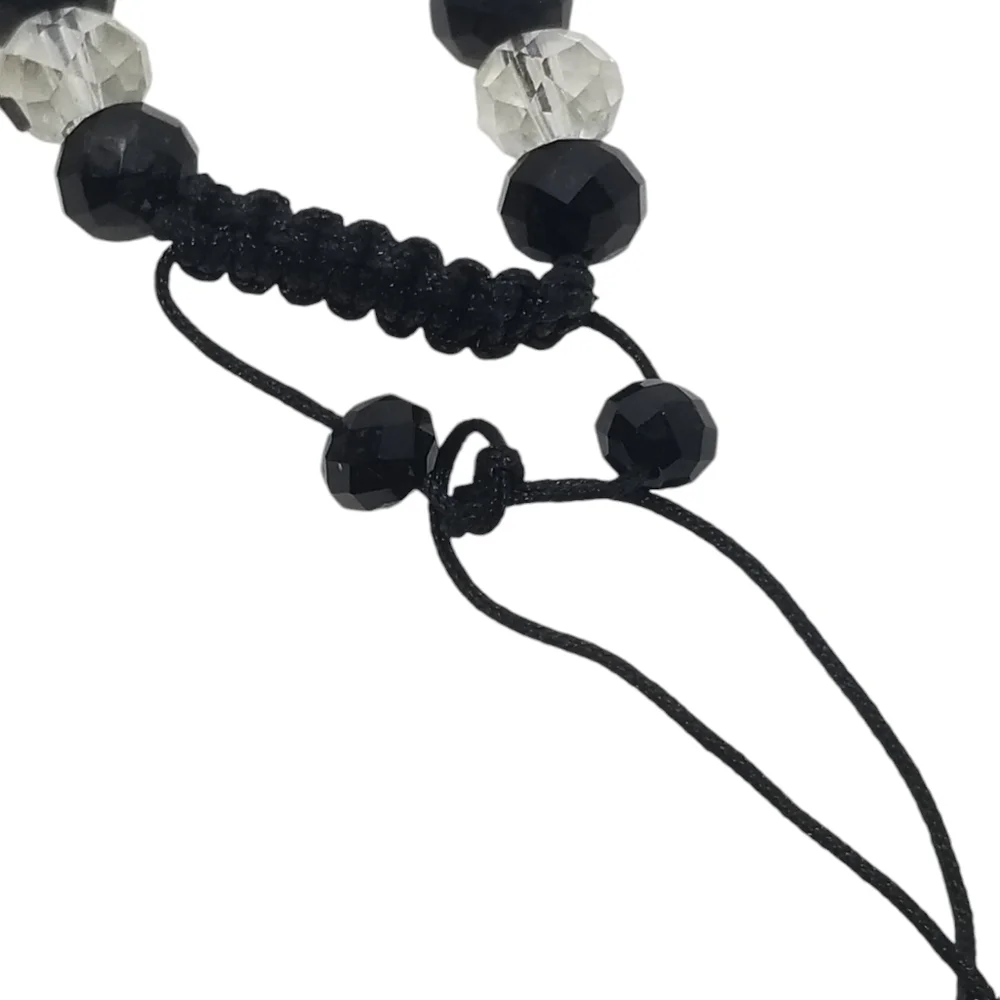 VINTAGE  BLACK & CRYSTAL GLASS BEAD & SILVERTONE SAINT PENDANTS ROSARY NECKLACE